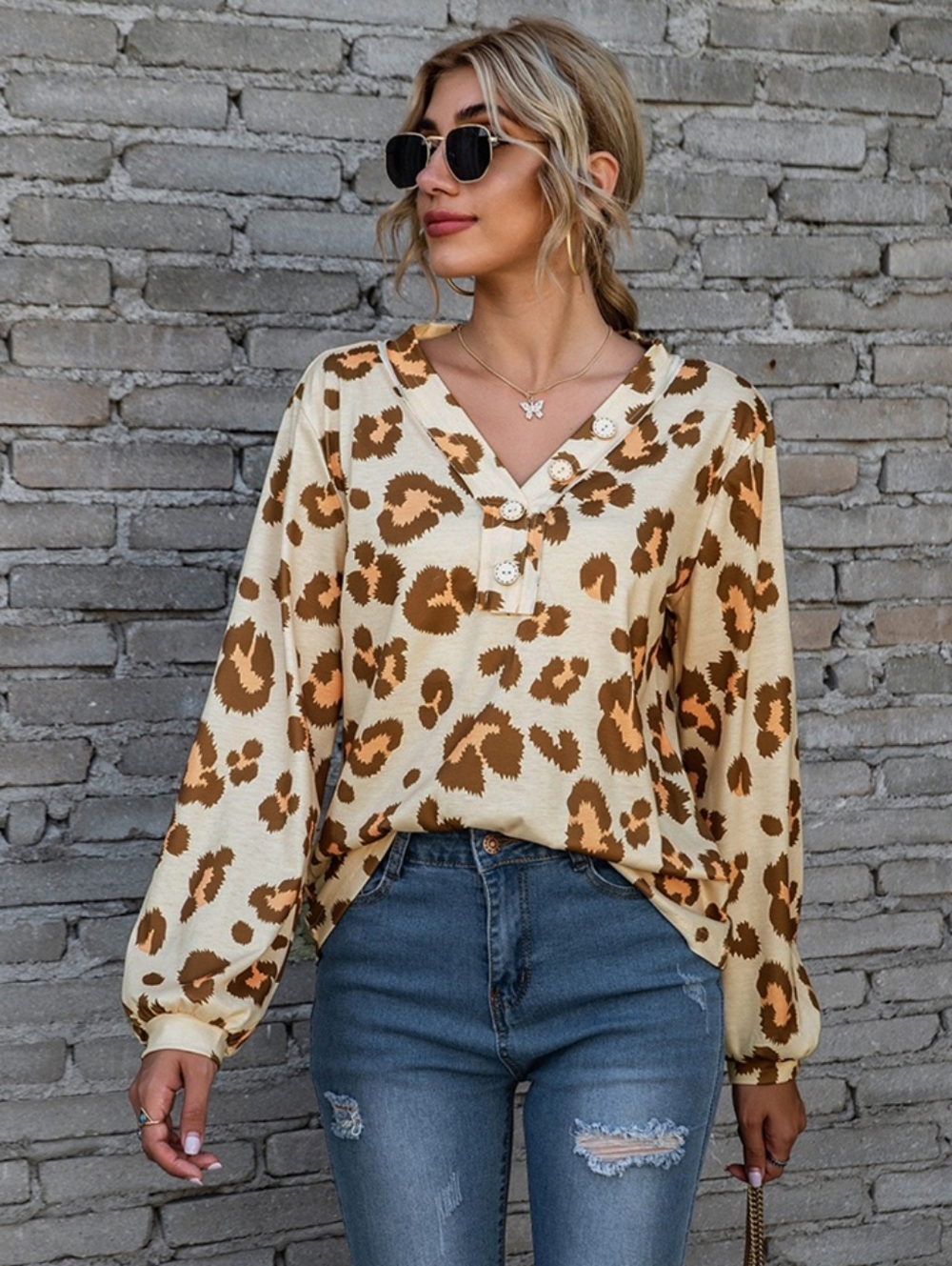 Button-Front V-Neck Leopard Print Blouse in Cream and Brown